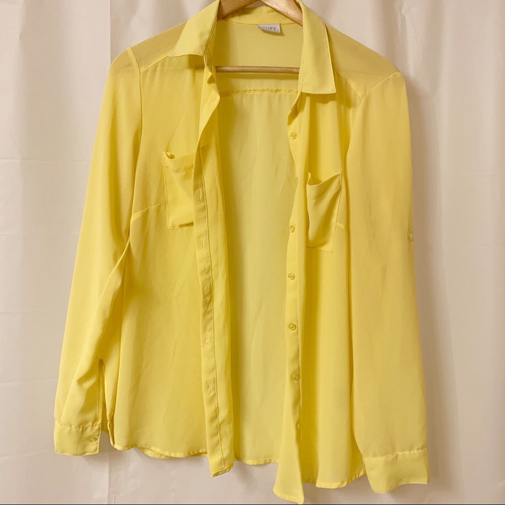 Suzy Shier Yellow Chiffon Long Sleeve Button Up Top Small
